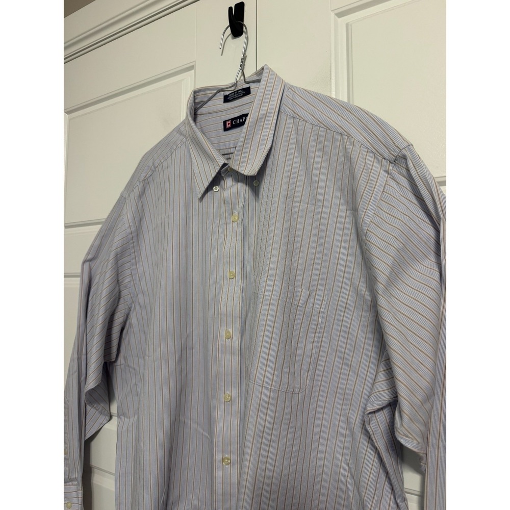 Chaps Button Down Shirt Mens 18-18.5 34/35 Blue Tan Striped Classic Fit Twill - Picture 6 of 9